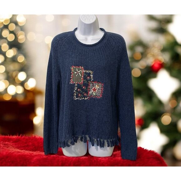 Koret City Blues Womens Embroidered  Patches Floral Sweater Size M Blue Knit - Picture 3 of 13